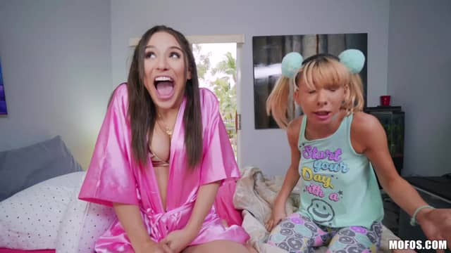 Naughty chicks take cock from one mouth into another